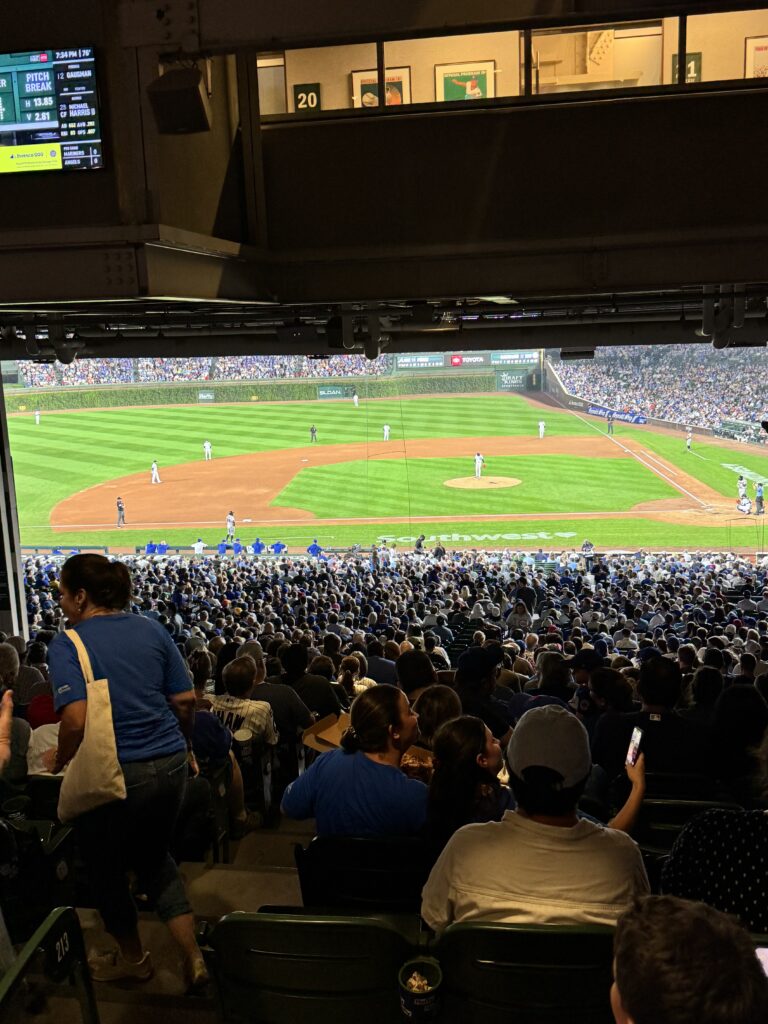 Evening view of a Cubs game at Wrigley Field during Catapult 2026.