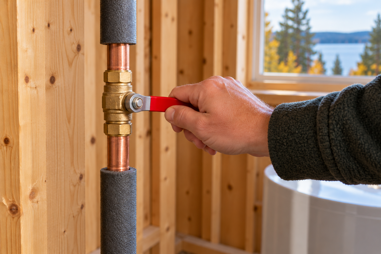 Hand closing a water shutoff valve on insulated copper pipes inside a lake cabin.
